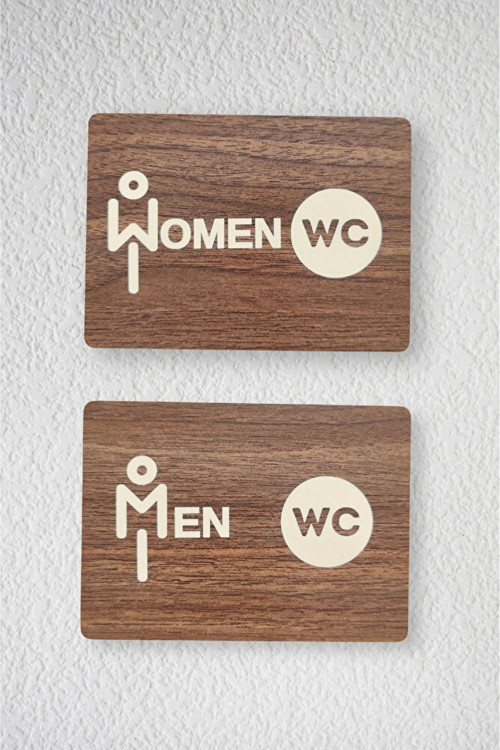 Women-Men WC Yönlendirme Levhası- İkili Set - Tesbih Ahşap