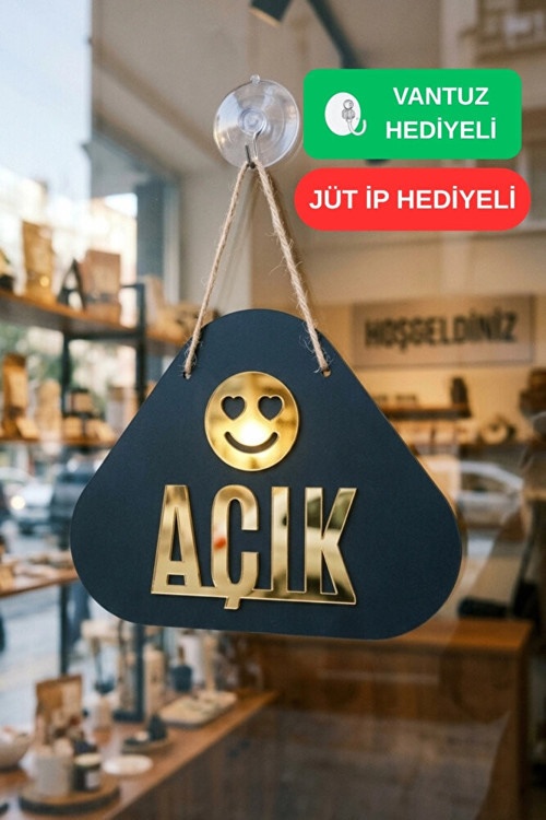 Ahşap Lazer Kesim Emoji Figürlü Açık-Kapalı Tabelası - Akçaağaç