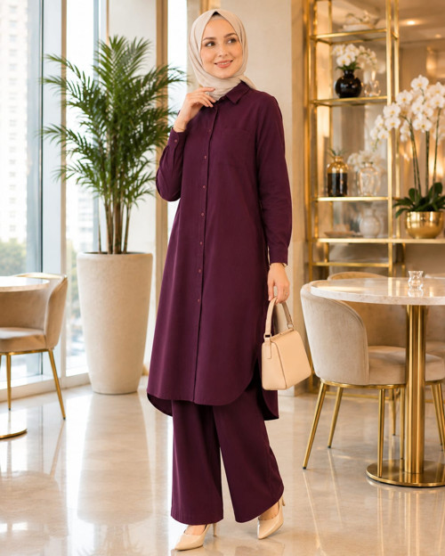 Premium %100 Tensel Kumaş İkili Tesettür Takım | Ekru-Mürdüm-Mavi