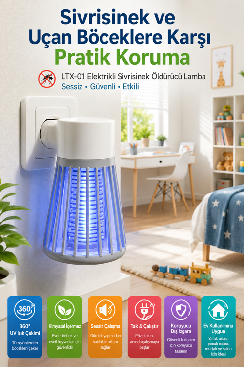 Elektrikli Sivrisinek Öldürücü Lamba UV Işıklı Fişli Sinek Kovucu Sessiz Böcek Tuzağı LTX-01 Ev Tipi