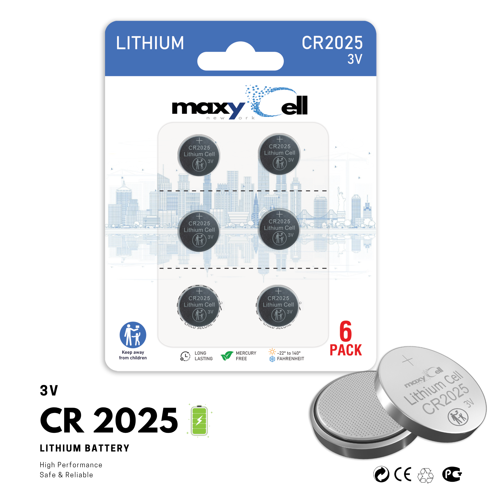 MaxyCell 6 Adet CR2025 lityum düğme pil, 3 V pil, Elektronik cihazlar, araba anahtarları, uzaktan kumandalar, tıbbi cihazları için