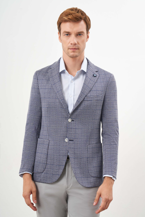Erkek Mavi Örme Slim Fit Torba Cep Mono Yaka Spor Ceket