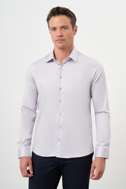 Erkek Gri Pamuk Düz Desen Sert Yaka Slim Fit Gömlek