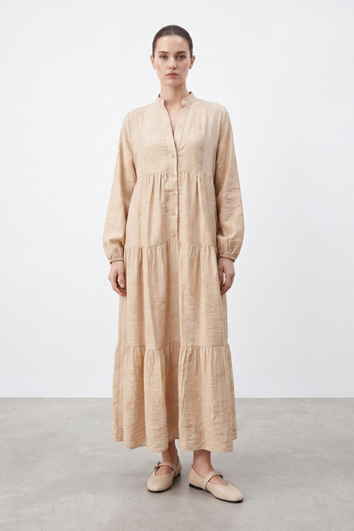 Kadın Hakim Yaka Maxi Elbise - 32528ELB - STONE