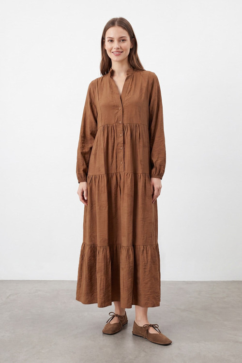Kadın Hakim Yaka Maxi Elbise - 32528ELB - BROWN