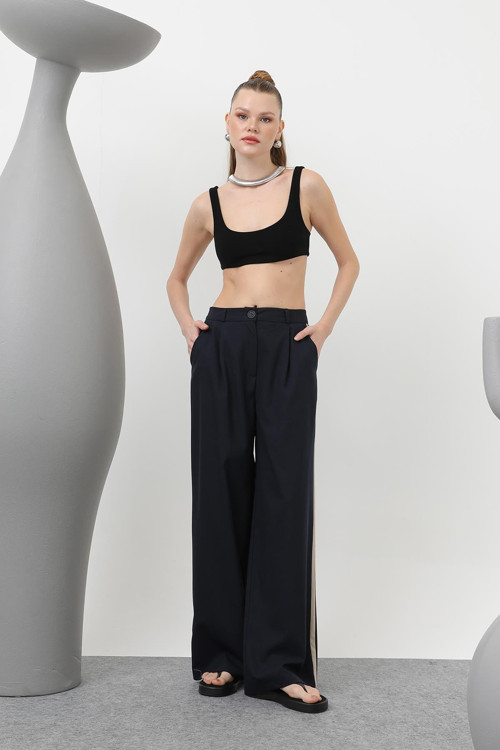 Kadın Garnili Pileli Pantolon - 32176PNT - NAVY-BEIGE