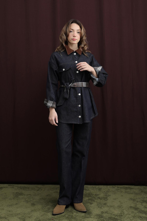 Kadın Ekose Detaylı Denim Ceket - 32413CKT - NAVY