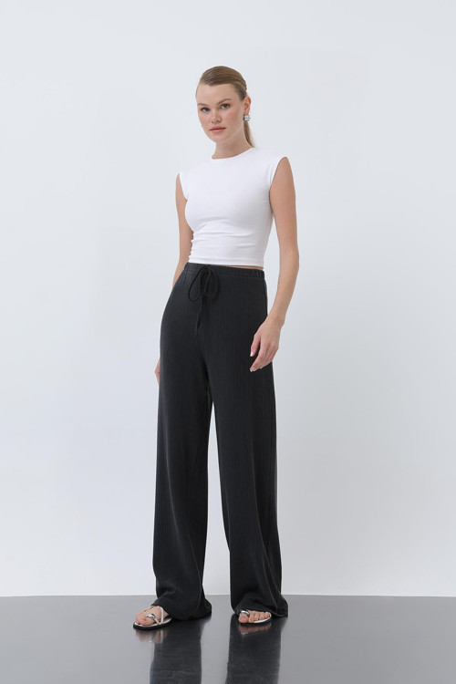 Kadın Fitilli Belden Bağlamalı Pantolon -32224PNT - BLACK