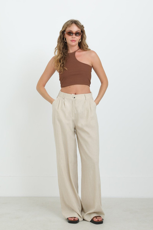 Kadın Pens Detaylı Bol Pantolon -32304PNT - BEIGE