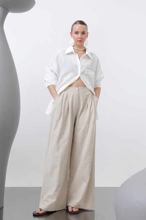 Kadın Pileli Bol Pantolon - 32276PNT - BEIGE