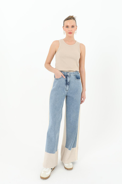 Kadın Paça Triko Detaylı Geniş Paça Kot Pantolon - 31994PNT - BEIGE-LIGHT BLUE