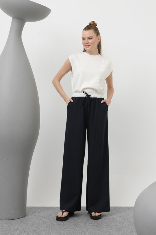 Kadın Çizgi Garnili Pantolon - 32191PNT - NAVY-ECRU