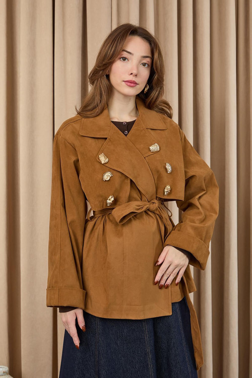Kadın Broş Detaylı Kısa Trench - 32405 - CAMEL