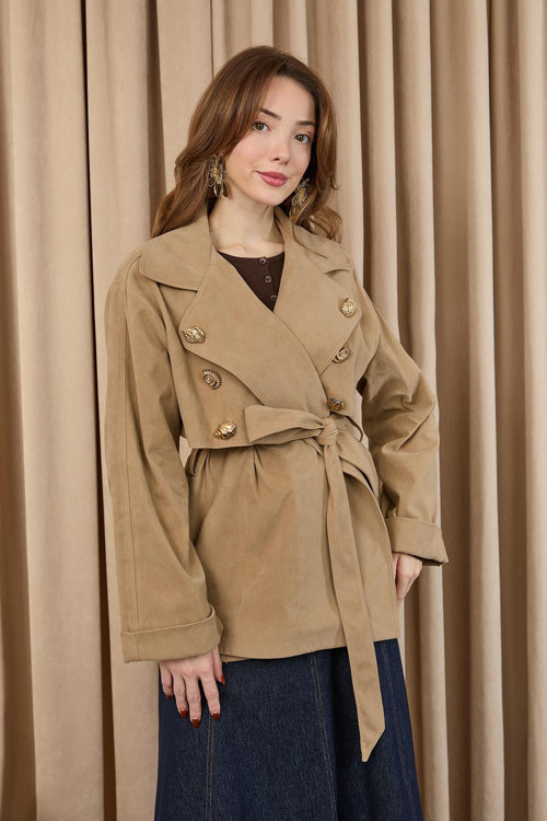 Kadın Broş Detaylı Kısa Trench - 32405 - MINK