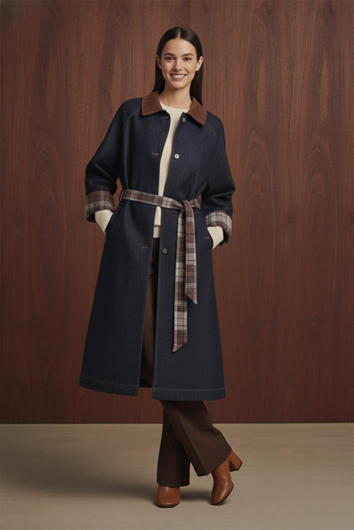 Kadın Ekose Detaylı Denim Trench - 32392TRC - NAVY