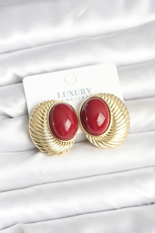 Pirinç Gold Renk Bordo Boncuklu Oval Kadın Küpe - Lisinya