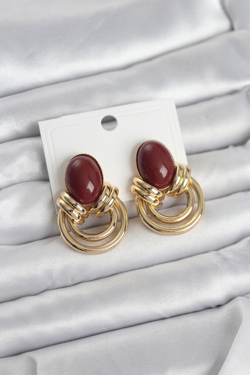 Pirinç Gold Renk Bordo Taşlı Kadın Küpe