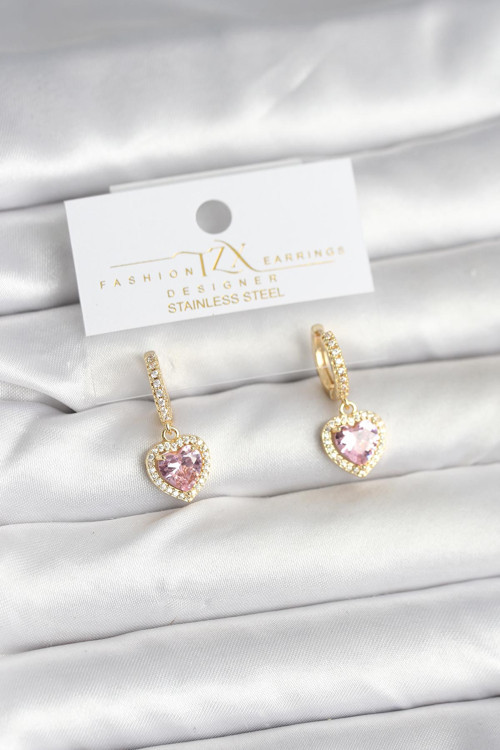 Pirinç Gold Pembe Renk Zirkon Taşlı Model Kadın Küpe - Lisinya
