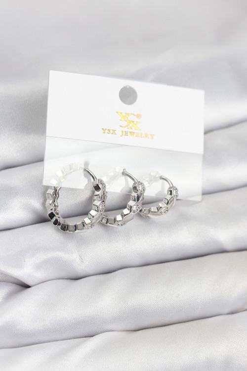 Pirinç Gümüş Renk Zirkon Taşlı Petek Halka Model Ysx Trio Küpe Seti