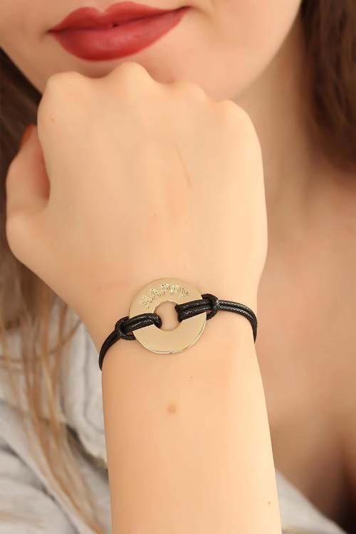 Happy (Mutlu) Siyah Deri İpli Unisex Mood Bileklik