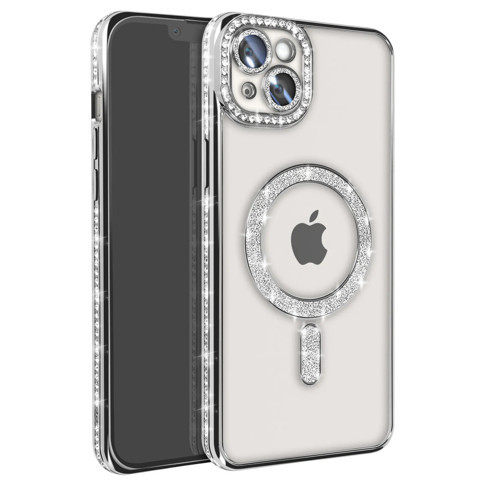 Iphone 14 Kılıf Joke Simli Magneticsafe Kılıf - Gümüş