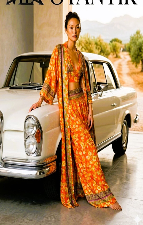 Royal bohem ve otantik %yüz ipek altın varaklı kimono büstiyer pantolon 3 set 36-46 bedenler arası uygundur