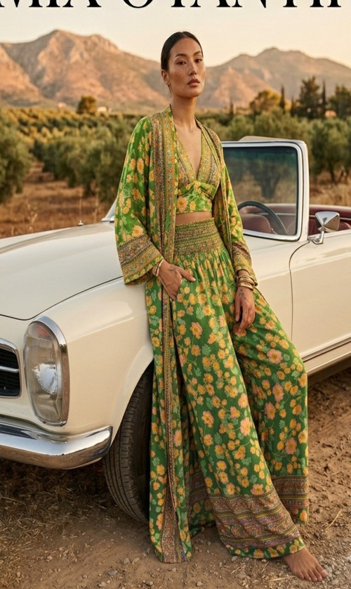 Royal bohem ve otantik %yüz ipek altın varaklı kimono büstiyer pantolon 3 set 36-46 bedenler arası uygundur