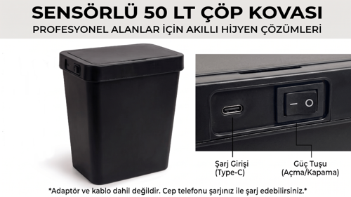 Sensörlü Çöp Kovası Şarjlı 50 Litre Fotoselli Otomatik Açılır Hijyenik-Siyah
