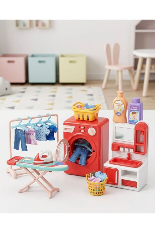 Oyuncak Çamaşır Makinesi Seti 3+ Yaş Eğitici Oyuncak Ev Seti Mini Laundry Set Aksesuar