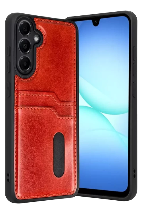 Galaxy A57 5G Sara Kartvizitli Deri Kılıf - Kırmızı