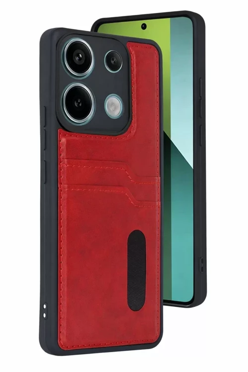 Redmi 15C 4G Sara Kartvizitli Deri Kılıf - Kırmızı