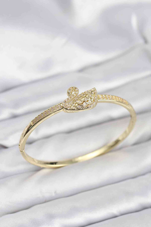 Pirinç Gold Renk Zirkon Taşlı Kuğu Model Kadın Kelepçe Bileklik