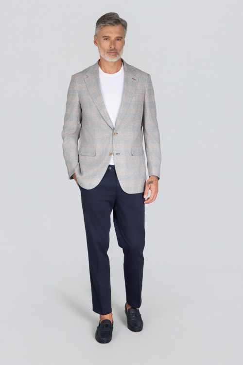 Kahve Keten Polyester Düğmeli Drop Çift Yırtmaçlı Ceket