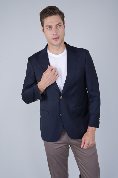 Lacivert Yün Düğmeli Comfort Dokuma Mono Yaka Çift Yırtmaçlı 4 Drop Blazer Ceket