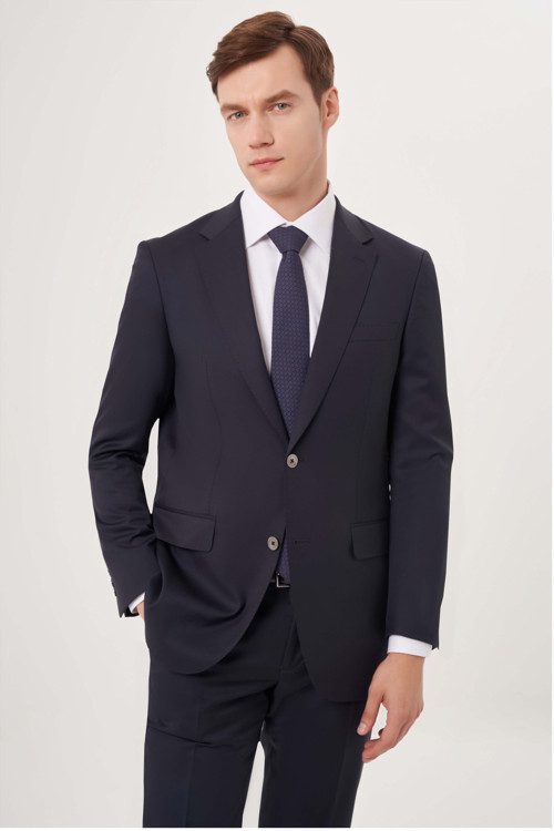 Lacivert Yün Düğmeli Mono Yaka Drop Çift Yırtmaçlı Blazer Ceket