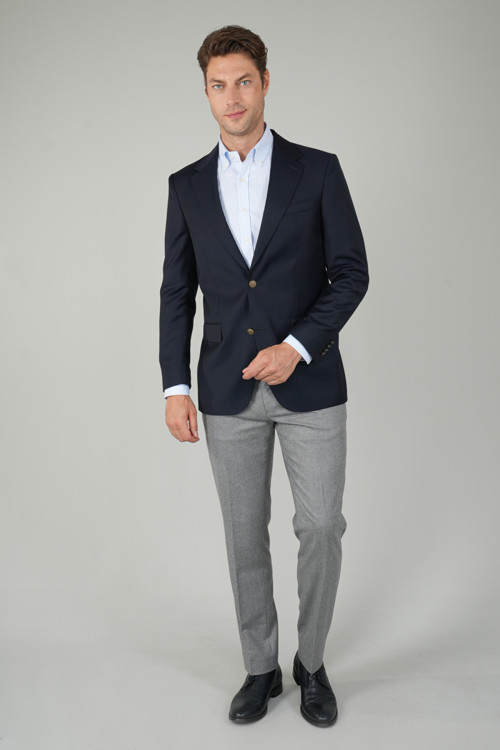 Lacivert Yün Düğmeli Comfort Dokuma Mono Yaka Çift Yırtmaçlı 6 Drop Blazer Ceket