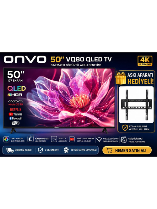 50" VQ80 QLED Android Smart Tv | Hdr Destekli | Netflix & Youtube | Bluetooth & Wifi | Askı Aparatı Hediyeli