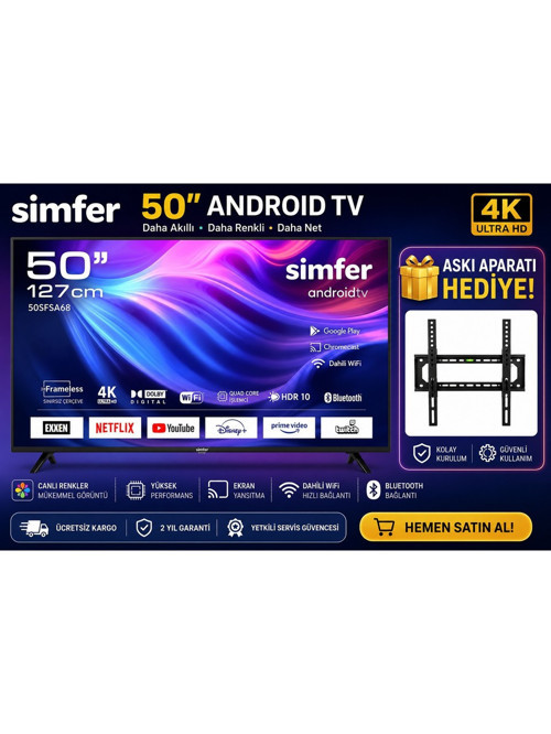 50SFSA6B 50" 127 Ekran 4K Ultra Hd Android Smart LED Tv | Dahili Wifi | Bluetooth | Netflix | Askı Aparatı