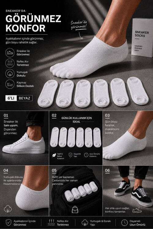 Erkek 6'Lı Beyaz Görünmez Sneaker Çorap