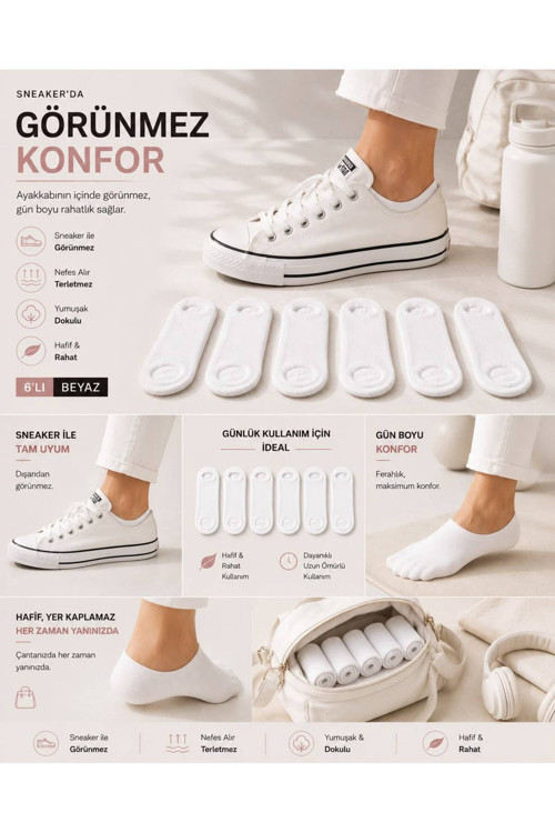 Kadın 6'Lı Beyaz Görünmez Sneaker Çorap