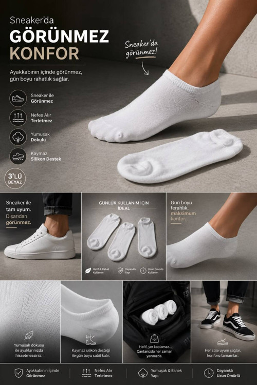 Erkek Üçlü Görünmez Sneaker Çorap