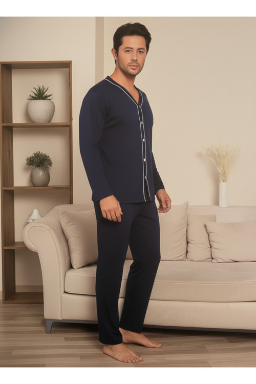 Erkek Önden Düğmeli Uzun Kollu Pijama Takım