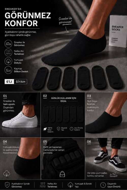 Erkek 6'Lı Siyah Görünmez Sneaker Çorap