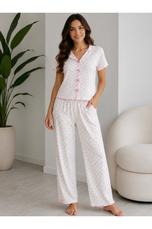 Kadın Kurdele Detaylı Desenli Kısa Kollu Pijama Takım
