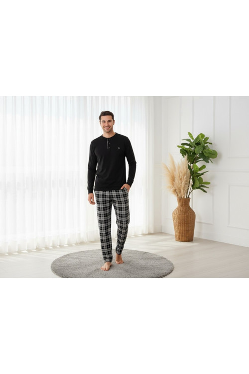 Erkek %100 Pamuklu Ekoseli Cepli Pijama Takım