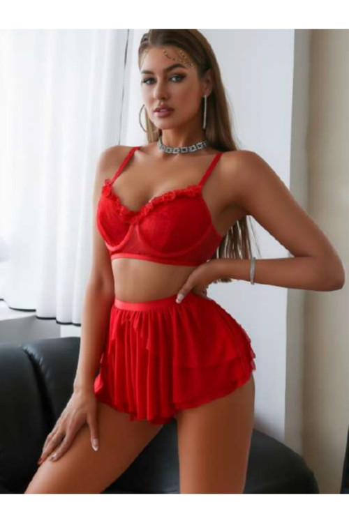 Kadın Kırmızı İki Parça Şık Askılı Gece Elbise