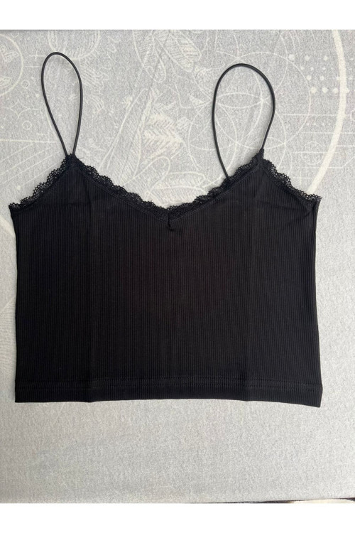 Kadın Siyah Dantelli Ip Askılı Crop 7001
