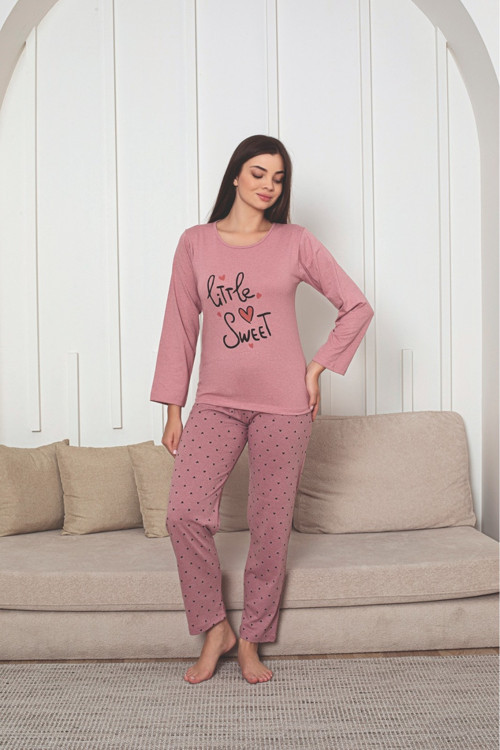 Kadın Baskı Detaylı Uzun Kollu Kalp Desenli Pijama Takım