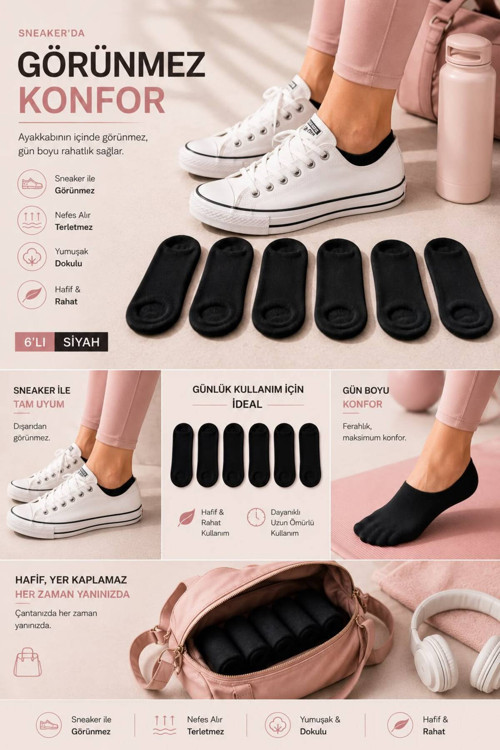 Kadın Siyah 6'Lı Görünmez Sneaker Çorap