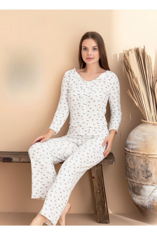Kadın Kurdele Detaylı Kiraz Desenli U Yaka Likralı Pijama Takım